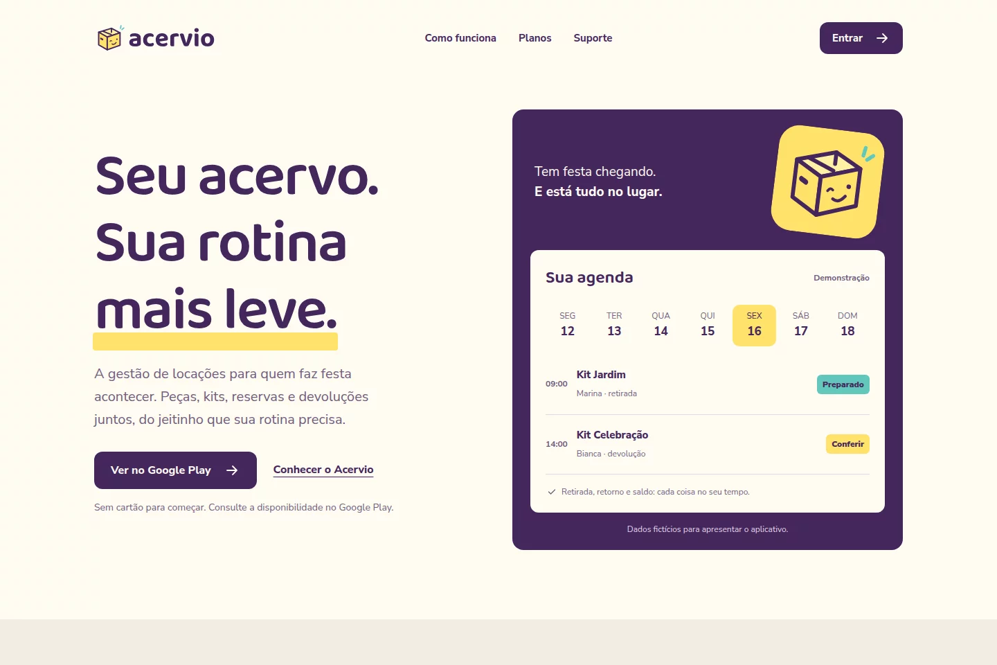 Acervio rental management website with its smiling box identity and reservation calendar