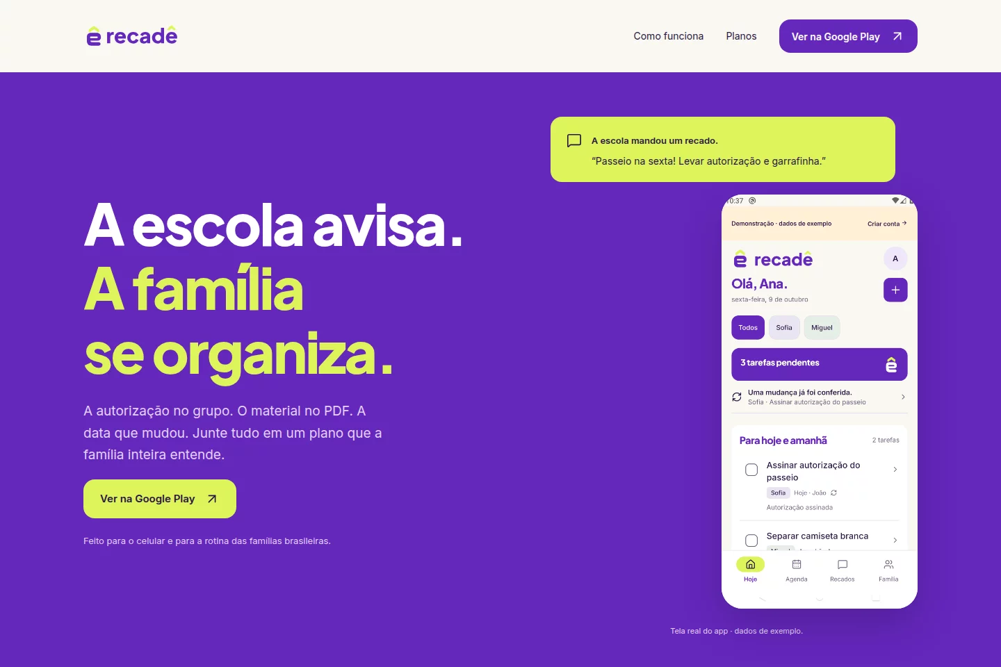 Recadê website with a preview of school messages and family tasks