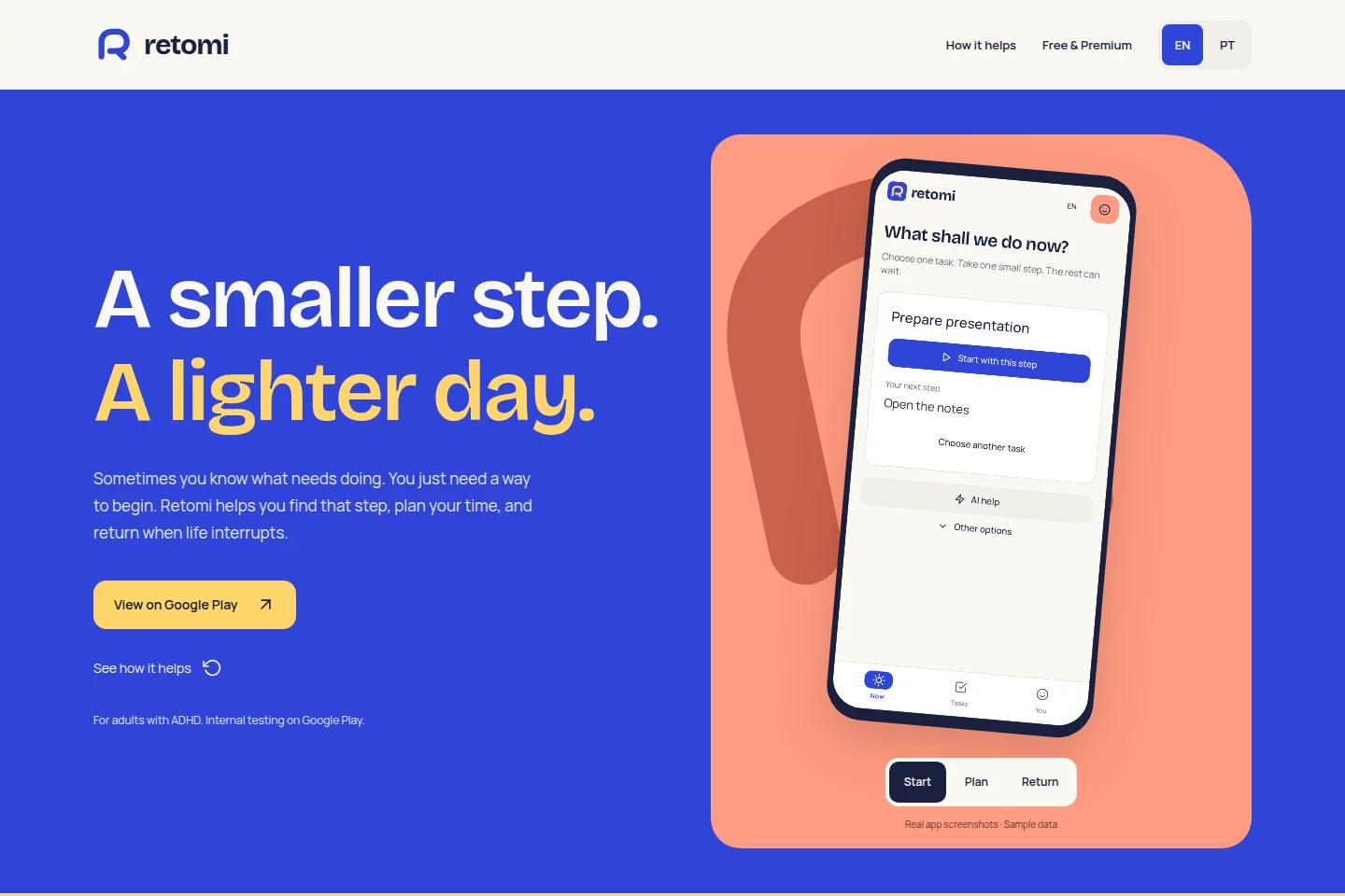 Retomi website with a preview of its next-step task planning app